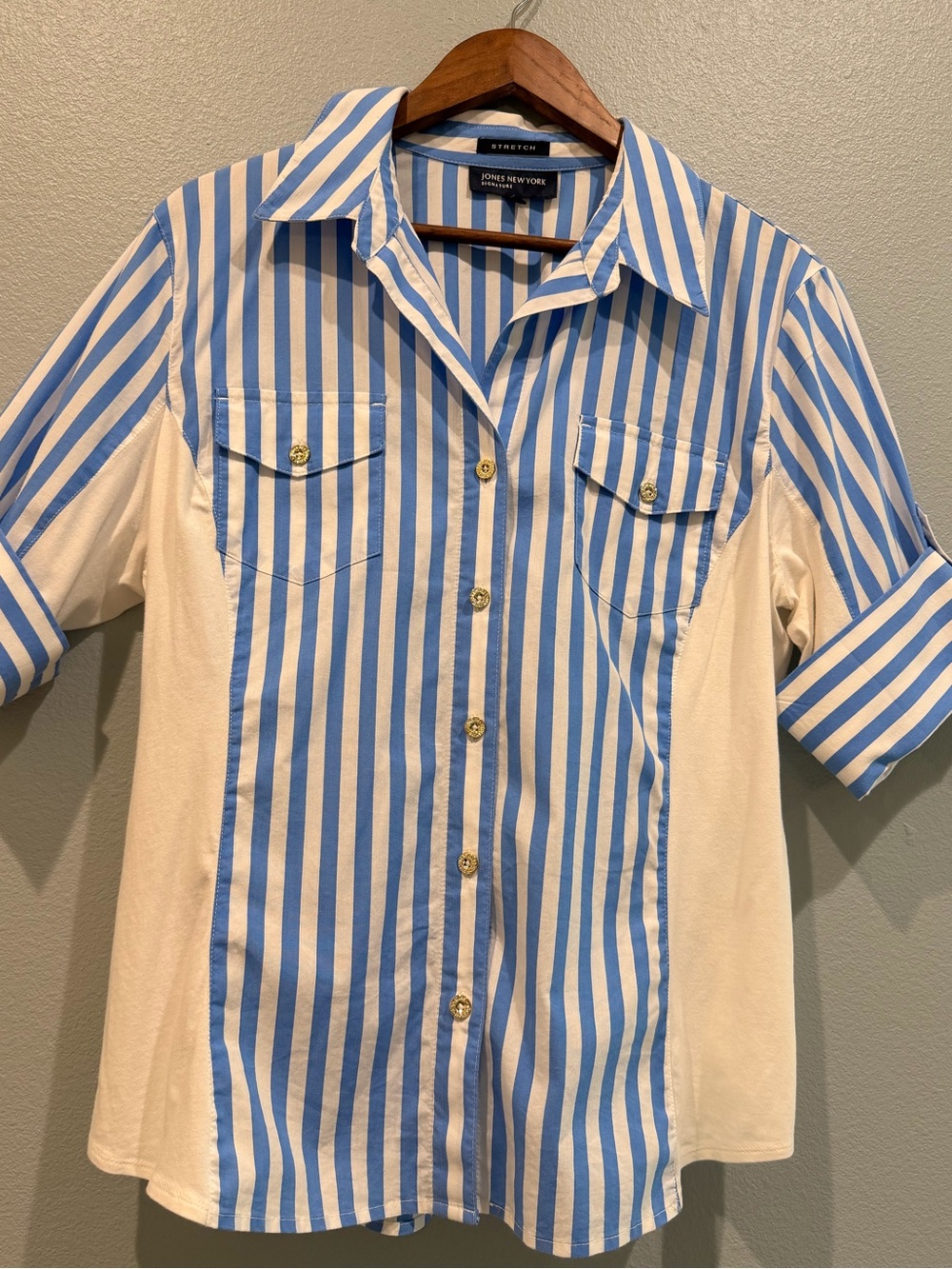 Jones New York Nautical Striped Short Sleeve Button Stretch Shirt Abstract Mult